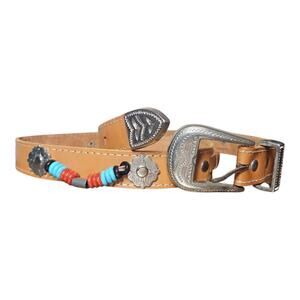 Woman's Western Leather Belt Brown Bead Silver Tone Buckle & Accents 35"